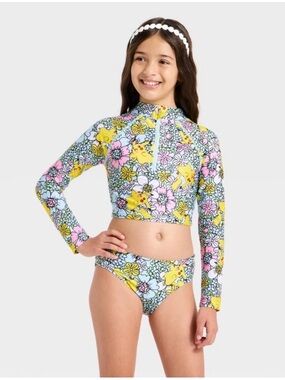 Pokemon Floral Pikachu Kids Long Sleeve Rash Guard Set - Yellow, Pink, Blue